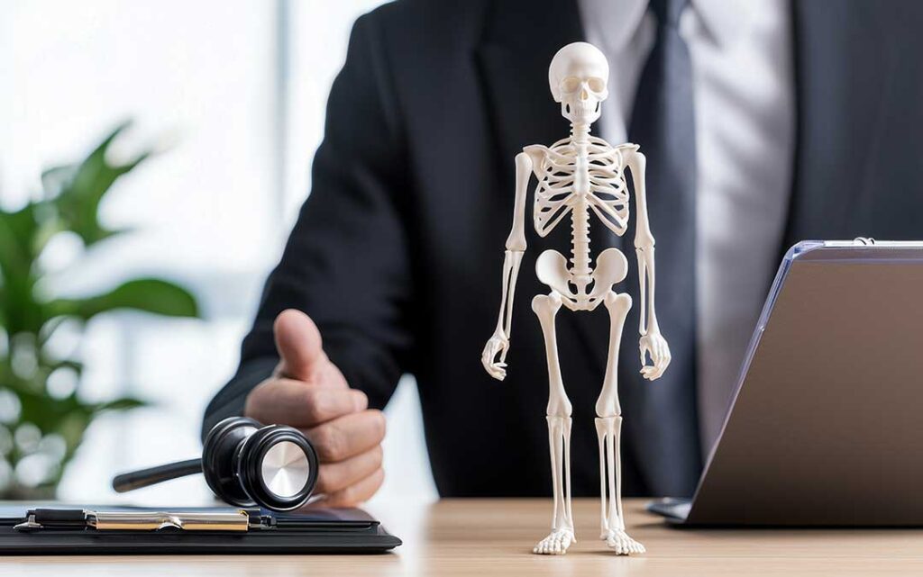 A person reviews medical records and legal papers at a table beside a notebook and folder.