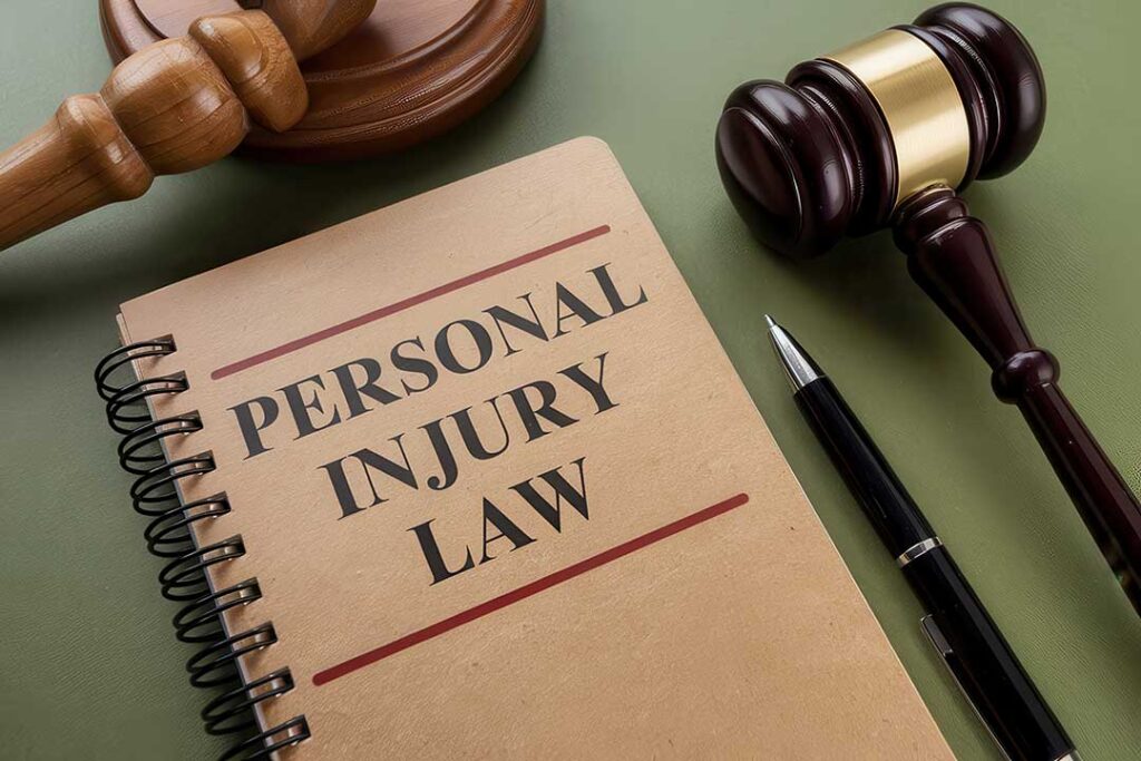 An injured person reviews medical records and insurance papers at a kitchen table with a legal notebook nearby.