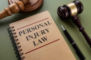 An injured person reviews medical records and insurance papers at a kitchen table with a legal notebook nearby.